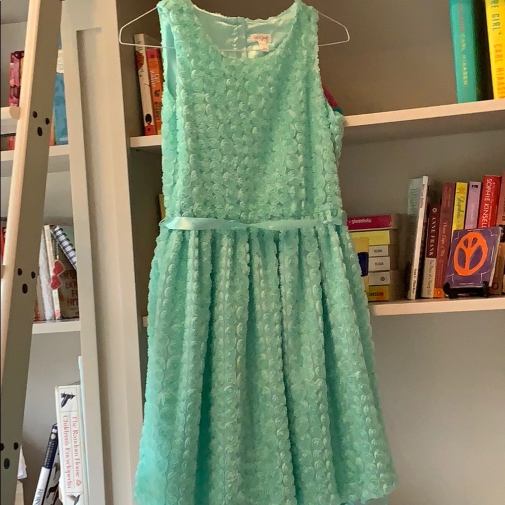 A kids dress color minty green, rose patterned